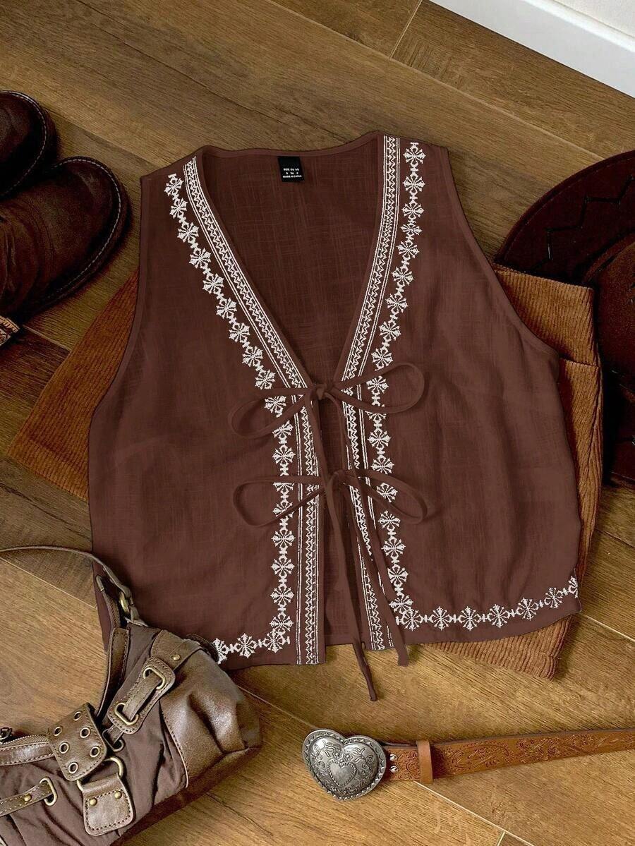 2026 Nuevo Top sin mangas con cuello en V, lazo delantero y bordado floral para mujer, ideal para vacaciones en la playa, uso casual, estilo Y2K de los 2000, primavera, graduación, fiesta de boda, vacaciones elegantes, San Valentín, carnaval, - Marrón - Ver 1