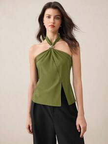 Top con cuello de halter, diseño de botón de metal verde, abertura lateral, elegante y chic para uso urbano y diario, estilo romántico retro de los 90.Adecuado para Navidad, Año Nuevo, San Valentín, fiestas, playa, graduación, moda, carnaval, bod - Verde 2 - Ver 6