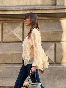 Camisa casual y elegante de mujer con mangas largas, diseño de volantes en capas y unicolor, adecuada para festivales de música/temporada de bodas, primavera/verano - Beis - Ver 5