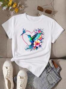 100% cotton Camisa de manga corta casual con cuello redondo para damas, con estampado de colibríes y flores en forma de corazón, de longitud normal - Blanco - Ver 3