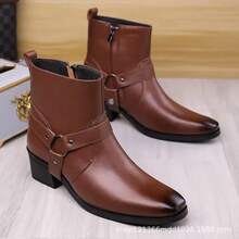 New Men's High Heel Leather Boots, Retro Western Cowboy Boots With Metal Buckle Strap And Side Zipper, Elevated Formal Boots, British Style - Brown - View 18