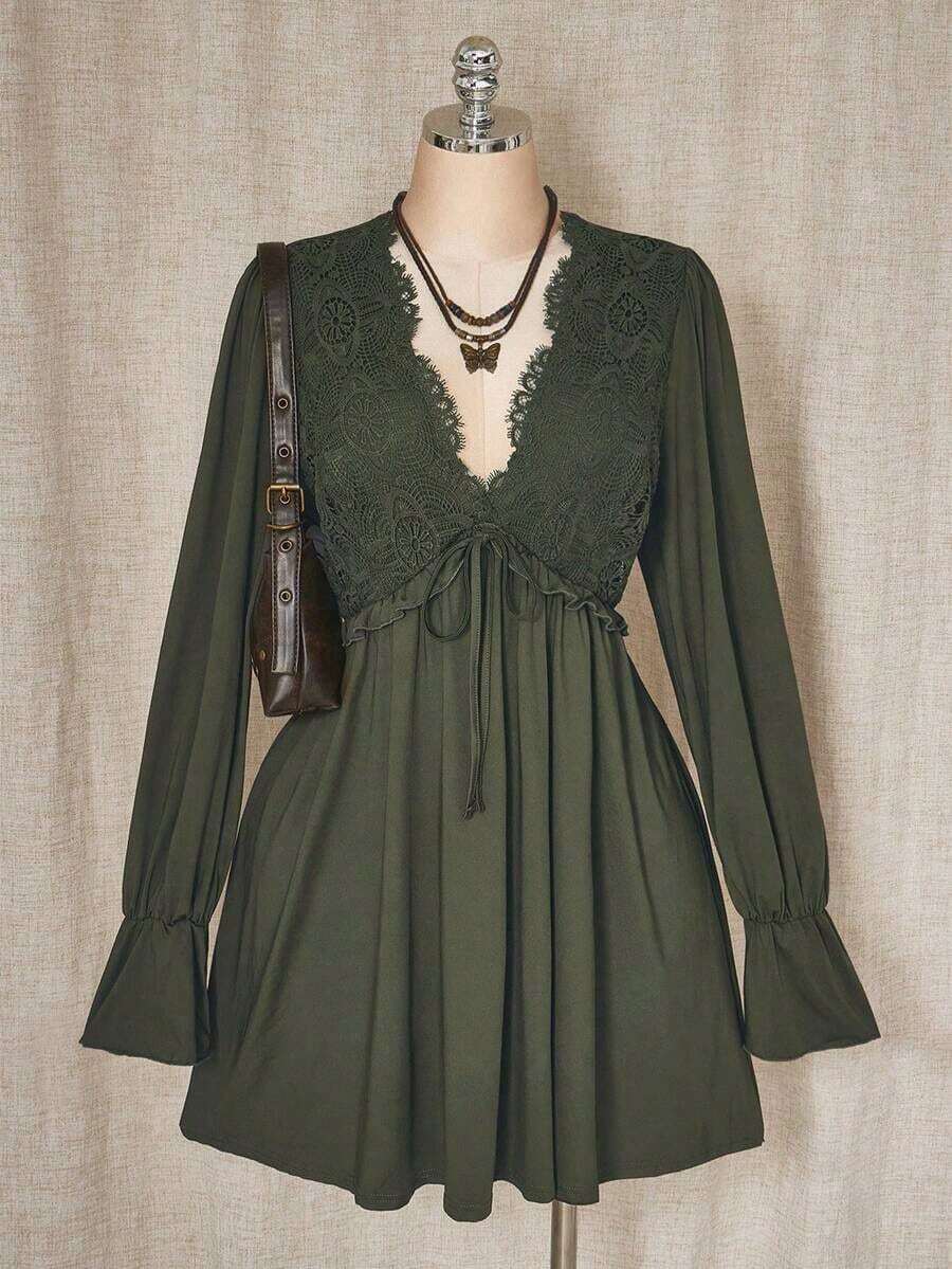 ICON Vestido mini de talla grande de unicolor casual con parches de encaje para mujer, ropa de otoño - Verde militar - Ver 1