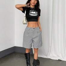 Women's Casual Black & White Plaid Shorts, Spring - Blanco y Negro - Ver 6