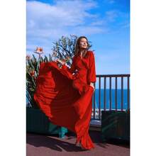 Women's Long Summer Dress With V-Neck And Side Slit, Fashionable And Elegant Design, Vibrant Colors And Loose Style - 紅色 - 查看 3