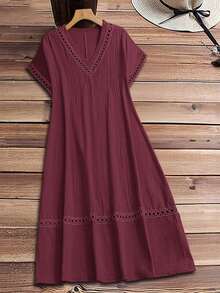 Vestido casual holgado de unicolor con cuello en V y mangas cortas para mujer de talla grande - Burdeos - Ver 2