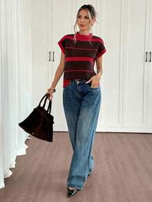 Top de punto a rayas de colores contrastantes para mujer - Rojo - Ver 7