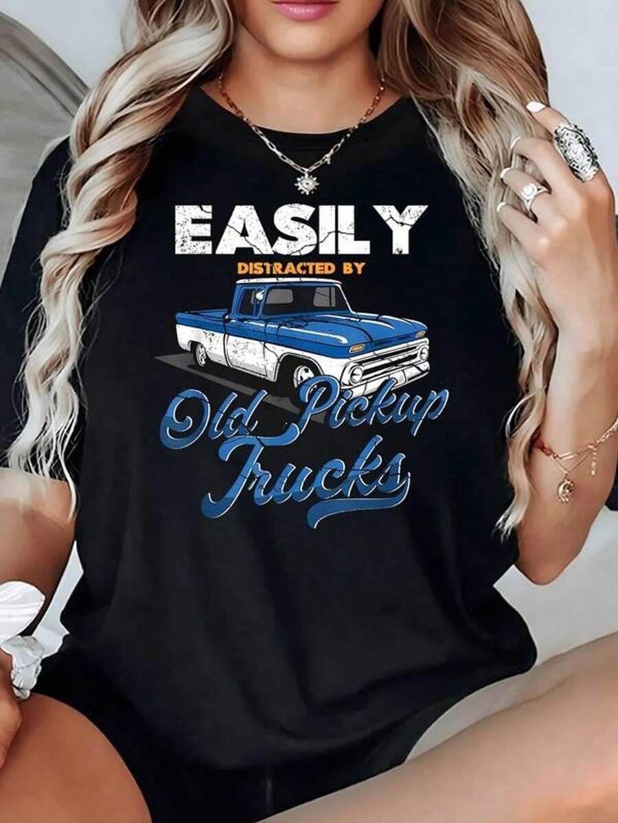 Camión pickup clásico azul con detalles vintage que transmite pasión por los vehículos antiguos y aventuras en carretera camiseta de mujer 100% algodón
