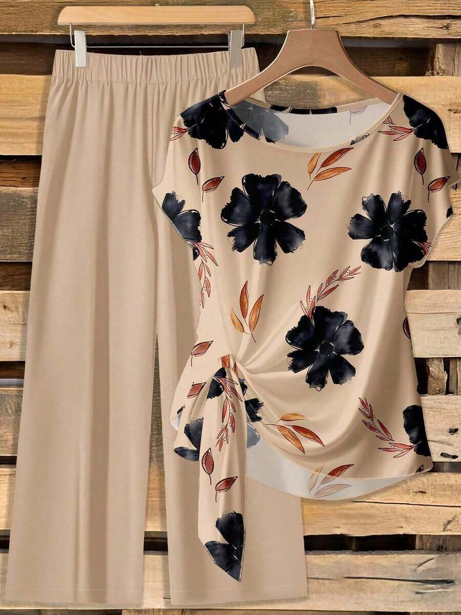Set de 2 piezas: Blusa morada con lazo minimalista casual + Pantalones rectos holgados con estampado floral, adecuado para vacaciones de primavera/verano - Multicolor 7 - Ver 1