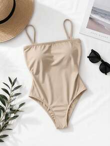 Women's Bodysuit With Thin Straps, Straight Neckline, Spandex Fabric With Padded Cups. Perfect For Parties, Christmas, New Year's, Birthdays, Day/Night, Casual, Versatile, And Suitable For Summer And Hot Weather. - Màu be - Xem 1