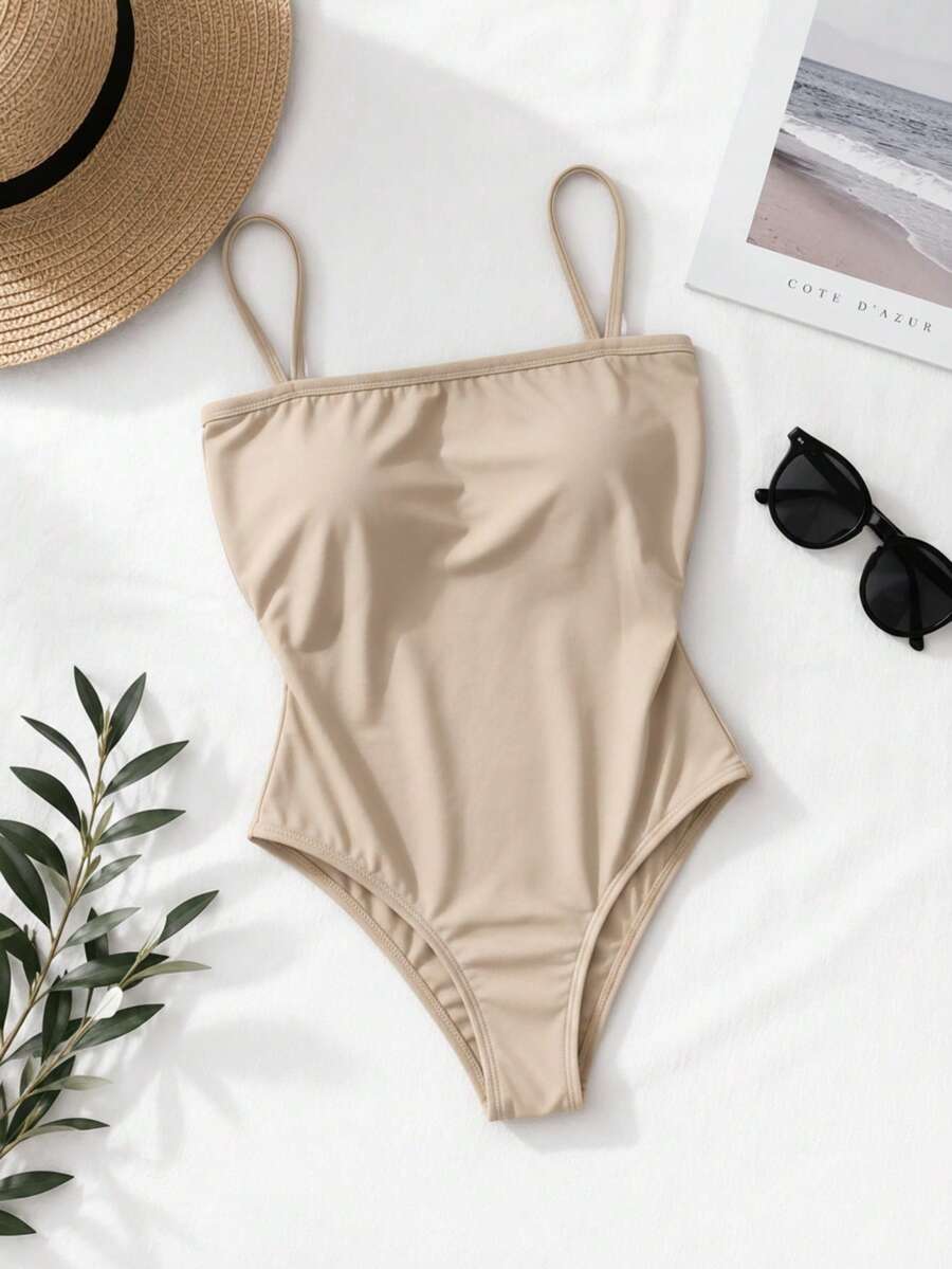 Women's Bodysuit With Thin Straps, Straight Neckline, Spandex Fabric With Padded Cups. Perfect For Parties, Christmas, New Year's, Birthdays, Day/Night, Casual, Versatile, And Suitable For Summer And Hot Weather. - Màu be - Xem 1