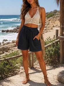 Bermuda ligera mujer short unicolor con costura de contraste, pantalón corto con cintura ajustable dama para vacaciones - Negro - Ver 3
