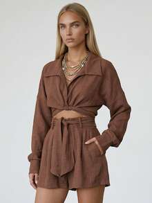 Women's Solid Color Drop Shoulder Long Sleeve Shirt And Shorts Casual Set - Rust Brown - View 2