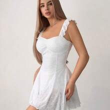 Women's Floral Embroidery Ruched Waist Elegant Mini Dress, Suitable For Dates And Parties - Blanco - Ver 7