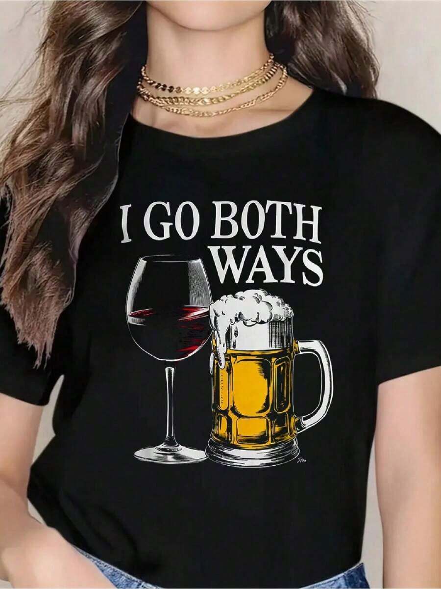 Camiseta Divertida "Bebiendo Alcohol, Voy en Ambas Direcciones" - Vino y Cerveza - Suave, 100% Algodón, Transpirable, Manga Corta, Casual, Esencial para el Verano y Actividades al Aire Libre para Hombres y Mujeres - Perfecta para Uso Diario, Senderismo y Viajes. - Negro - Ver 1