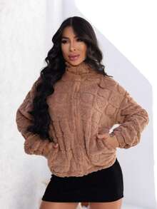 Women's Teddy Jacket With Heart Embossing, High Neck, Front Zipper, Pockets, Fleece Lined, Casual, Comfortable, , Autumn/Winter Fashion - Lạc đà - Xem 3