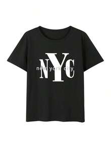 Camiseta de manga corta para mujer, estilo casual de verano, con estampado de la ciudad de Nueva York, estilo relajado y versátil, color negro, de alta calidad. - Negro - Ver 5