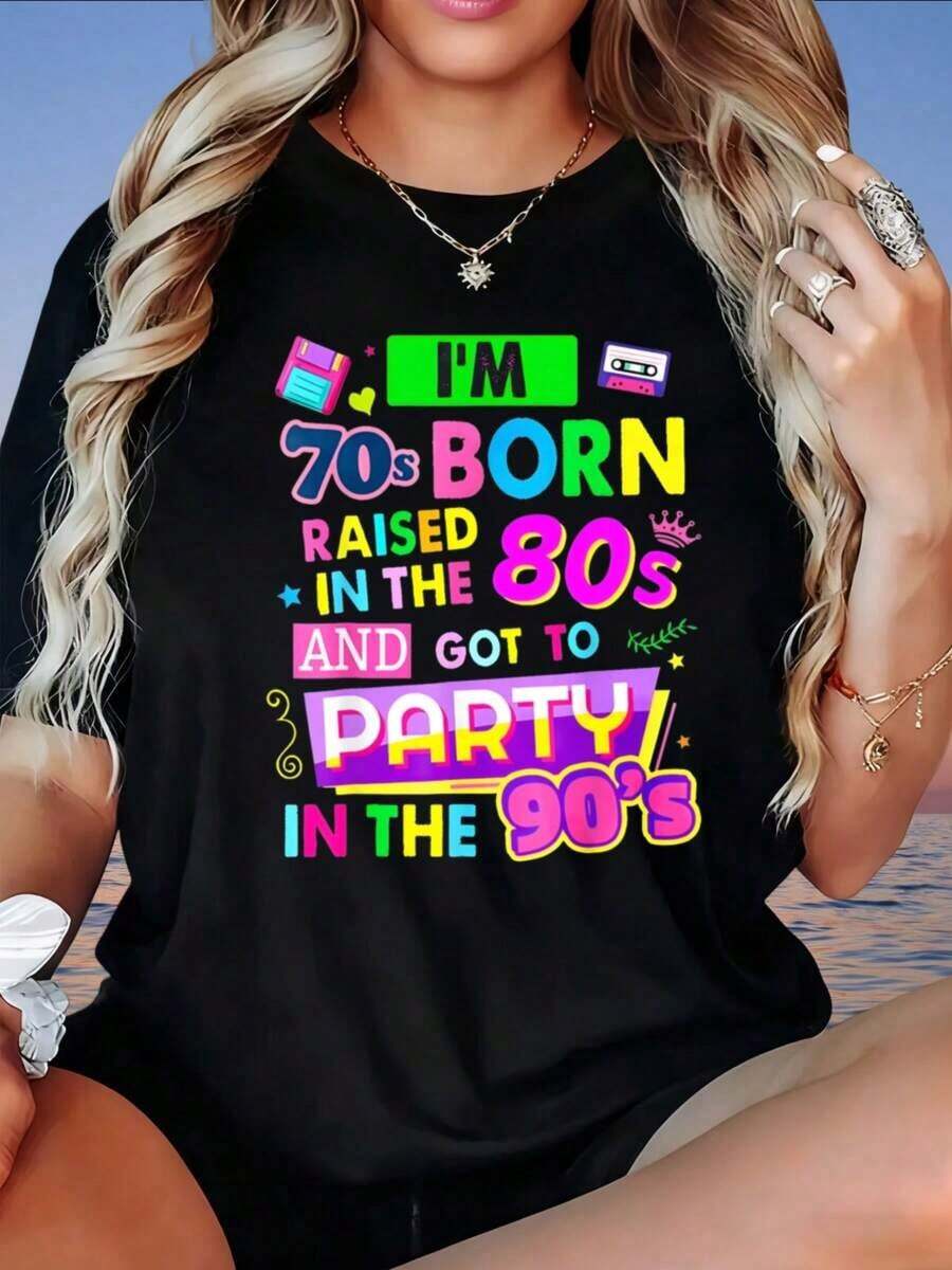 Camiseta retro vintage para mujer, estilo años 70, nacida y criada en los 80 y que disfrutó de las fiestas en los 90. Camiseta informal de verano con estampado divertido, ideal para celebraciones de cumpleaños, el Día de San Valentín, el hogar, paseos, deportes, fiestas navideñas, regalos navideños. Camiseta de mujer, 220g, a la moda.ropa de calor mujer - Negro - Ver 1