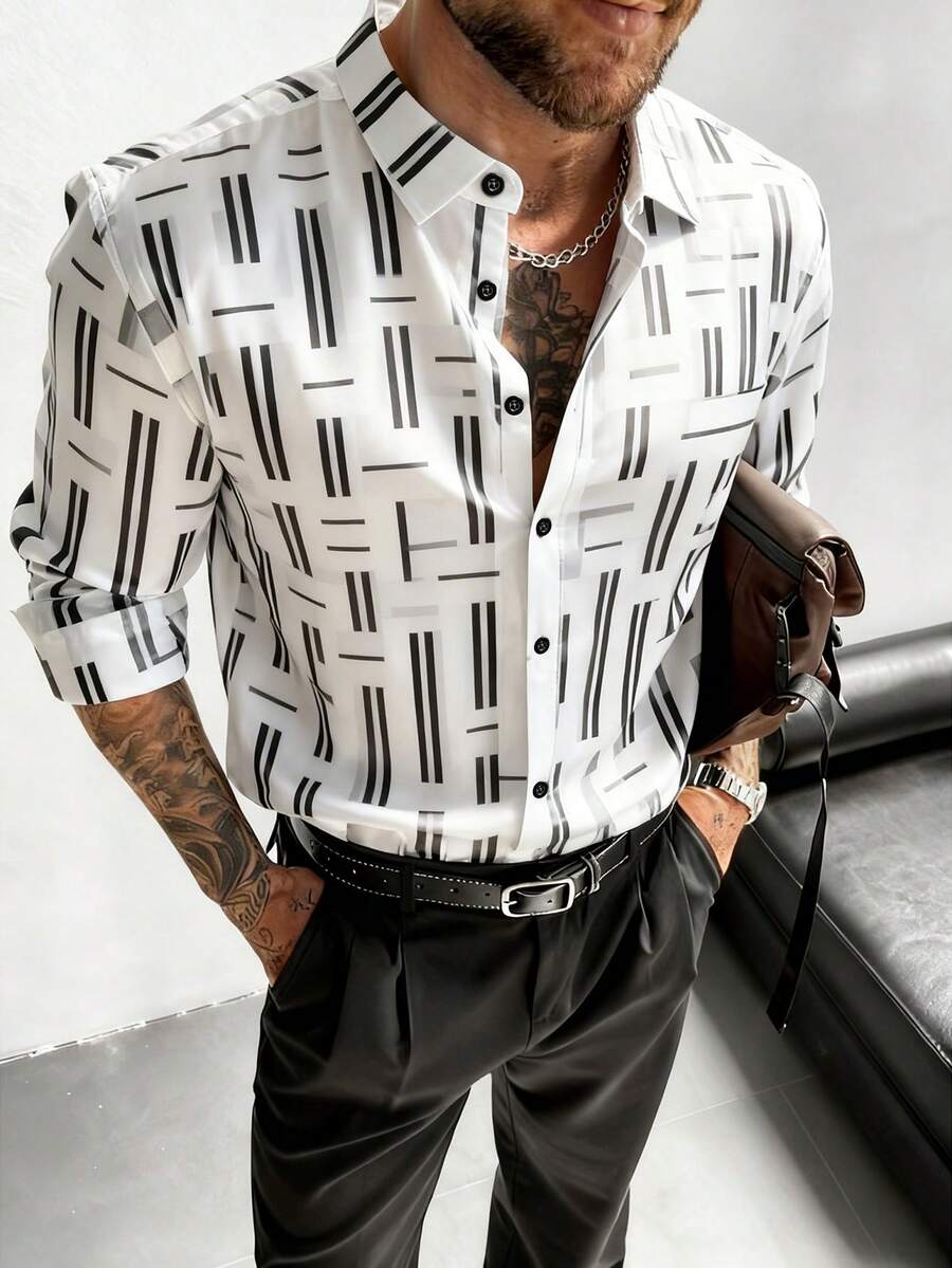 Men's Minimalist Print Long Sleeve Formal Shirt
