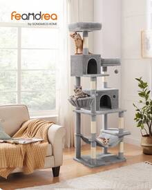 FEANDREA Árbol Rascador de Varios Niveles, Árbol para Gatos Alto con Postes de Sisal, Cueva Grande y Hamaca, Beige - Gris - Ver 2
