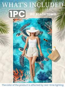 1pc Coral Turtle Print Beach Towel, Swimming Towel, Fashionable Beach Towel, Made Of Soft And Comfortable Microfiber Material With Super Absorbency, Lightweight And Portable, Windproof, UV-Resistant, Anti-Sand, Suitable For Summer Travel And Vacation, Also Can Be Used For Bathroom Decor - Coral Turtle - View 7