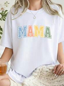 MAMA T-Shirt With Rainbow Block Lettering. Mama Graphic Tee. 220g, Unisex, Pure Cotton. Ideal Weight For All Seasons, Suitable For Men And Women. Durable, High-Quality Fabric, Soft To The Touch And Long-Lasting. Breathable T-Shirt. Suitable For Spring And Summer, Holidays, Mother's Day, And Independence Day. - 白色 - 查看 1