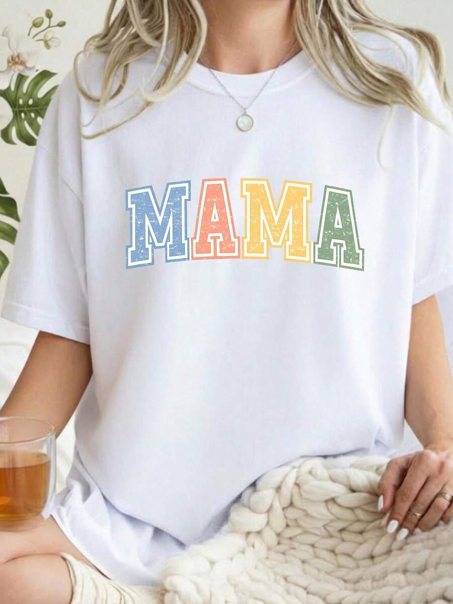 MAMA T-Shirt With Rainbow Block Lettering. Mama Graphic Tee. 220g, Unisex, Pure Cotton. Ideal Weight For All Seasons, Suitable For Men And Women. Durable, High-Quality Fabric, Soft To The Touch And Long-Lasting. Breathable T-Shirt. Suitable For Spring And Summer, Holidays, Mother's Day, And Independence Day. - 白色 - 查看 1