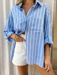 Camisa casual de mujer de un solo pecho con hombros caídos y mangas enrolladas a rayas - Azul - Ver 4