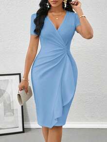 xheSHEIN Lady Vestido midi ajustado con volantes elegantes para mujer, vestidos de verano para cumpleaños y eventos / vestidos de oficina / vestidos de iglesia / vestidos de boda / vestidos de vacaciones / vestidos blancosxhe - Celeste - Ver 8