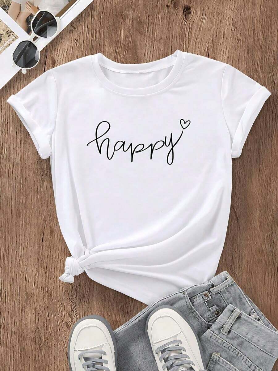 Women's 100% Cotton T-Shirt With A Modern "Happy" Print, Minimalist Casual Style, Round Neck, Comfortable Short Sleeves For Summer And Elegant Everyday Wear - 白色 - 查看 1