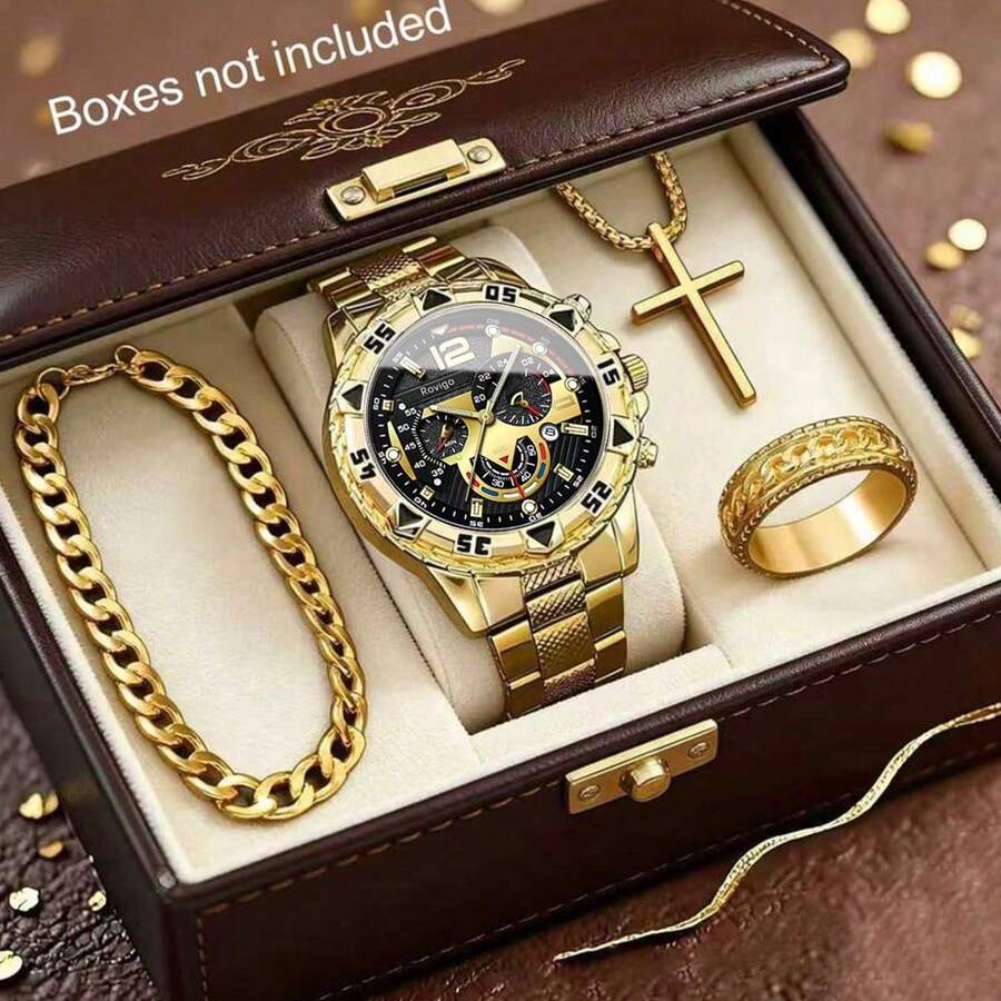 4-Piece Fashion Business Casual Men's Watch Set, Large Dial Round Steel Band Quartz Watch, Includes Personalized Chain Bracelet, Cross Pendant Necklace, Ring Accessory Set, Suitable For Men's Gift, Applicable For Holiday, Business, Party And Daily Wear