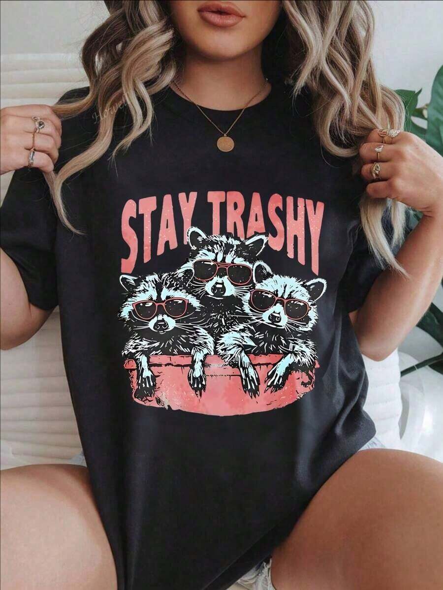 Women's Vintage Style Short Sleeve Casual T-Shirt - Summer T-Shirt With Raccoon Print, Sunglasses, And Round Neck, Machine Washable, Women's T-Shirts, Casual Wear, Modern Style, Comfortable Fit
BlackFashion - 黑色 - 查看 1