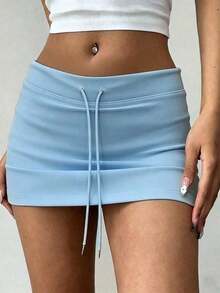 Minifalda de mujer con cintura baja y cordón, para verano - Azul - Ver 4