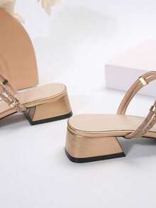 New Versatile Square Toe Chunky Heel Sandals, Fashionable French Style Crystal Embellished High Heels Suitable For Party, Gathering, Commuting In Summer - Rose Gold - View 7