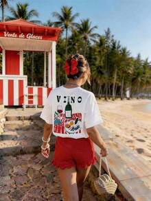 Short-Sleeve Round Neck DrmWander Women's Summer T-Shirt Set, Casual Resort Style With Print, Suitable For Spring And Summer, Travel And Tourism Option Women's Casual Blouses 100% Cotton - 白色 4 - 查看 3