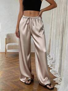 1pc Solid Color Drawstring Pocket Satin Pants, Comfortable For Home Wear, All Season Spring - Khaki - View 11