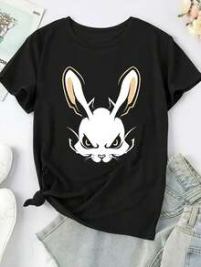 Camiseta de algodón puro, camiseta negra de talla grande para mujer - Bonito estampado de conejito, cuello redondo, manga corta - Camiseta suave para uso diario - Ropa de mujer lavable a máquina para todas las estaciones. - Negro - Ver 2