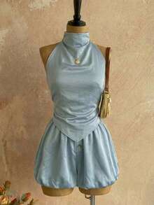 Conjunto de 2 piezas sexy y de moda en azul claro para mujer - Top corto con tirantes finos y espalda descubierta con lazo, y shorts de manga abullonada. Conjunto casual de vacaciones elegante para el verano - Lavado ligero - Ver 6