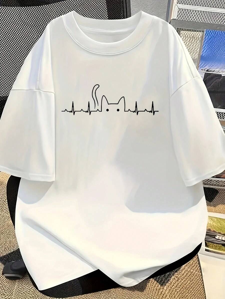 Camiseta de mujer, camiseta estampada de manga corta, diseño ajustado, top con estampado de dibujos animados, lavable a máquina, top casual para todas las estaciones, adecuada para uso diario, top moderno para ir al trabajo. | Camisas Casuales de Moda para Mujer - Blanco - Ver 1