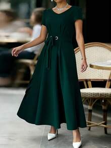 Elegant Women's Dress, V-Neck, Short Sleeve With Belt, Ideal For Holidays And Everyday Wear - 綠色 - 查看 3