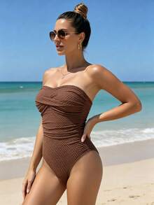 Women's One-Piece Swimsuit, Sexy Ruched Bust Design, Beach Vacation Summer - Brown - View 5