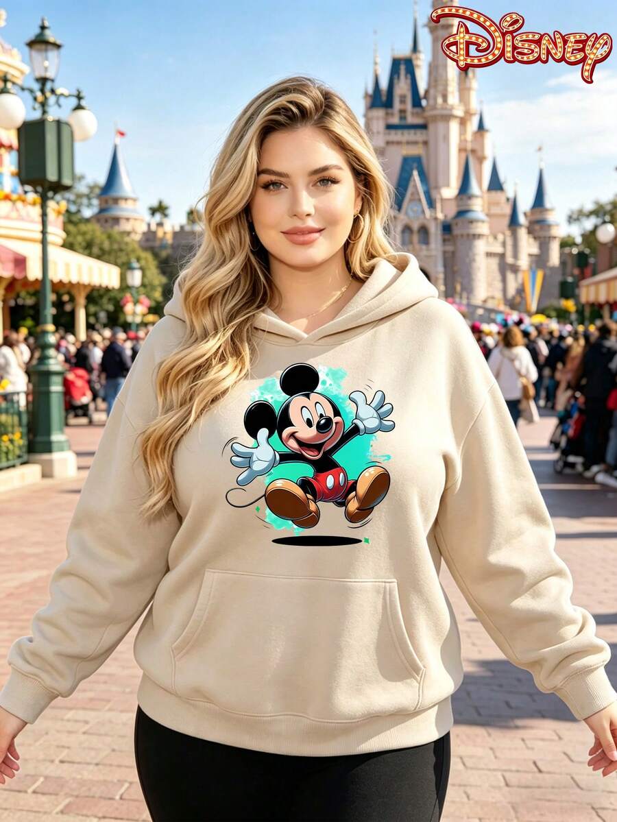 Official Disney Licensed 250G Vibrant Mickey Mouse Print Hoodie, Women's 100% Polyester, Fall & Winter Style, Ideal For Commuting, Daily Office & Casual Wear, Perfect Gift For Wife & Girlfriend - Màu be - Xem 1