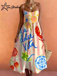 Starfish Shiny Vacation Style Women's Dress, Ocean Lobster & Citrus Lemon Letter Print Sleeveless Dress Elegant Summer - Multicolor - View 3