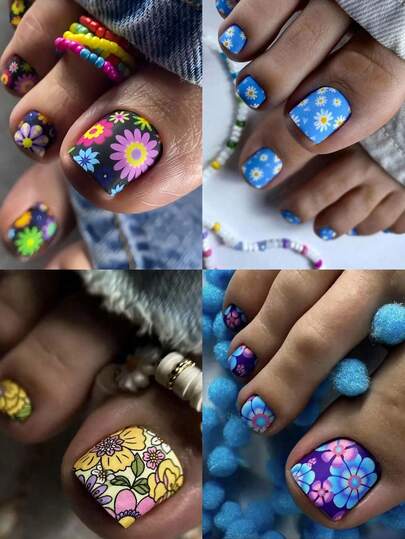 96 piezas Adhesivos para uñas de los pies - Pegatinas de arte de uñas de pedicura con flores de verano, acabado brillante - Negro y colores mixtos, con patrones florales y botánicos - Uñas cortas cuadradas - Juego de pegatinas para uñas removibles