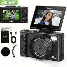 ACER S680 數位相機，1080P 預設錄影/16MP 原生 CMOS，18倍數位變焦，180°翻轉螢幕自拍相機，3.0 吋 IPS 螢幕，便攜式旅行/海灘/日常 Vlog 相機，適合初學者，不含記憶卡，感恩節、聖誕節禮物，黑色 - 黑色 - 查看 8