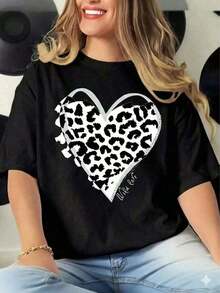 SimpieAndVersatileDesign Casual Wear Women's White T-Shirt With Leopard Heart In Black And White, Fashionable "Wild Love" Short Sleeve T-Shirt, Modern Animal Print Top, Basic Aesthetic Style Blouse For Daily Wear Or Going Out - Vintage Street Style Unisex Loose Cotton Short Sleeve Crew Neck T-Shirt - 黑色 - 查看 6