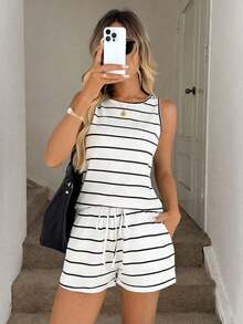 Conjunto de top y pantalones cortos a rayas deportivos y casuales de primavera/verano para mujer, moda y comodidad con elasticidad - Multicolor 2 - Ver 1