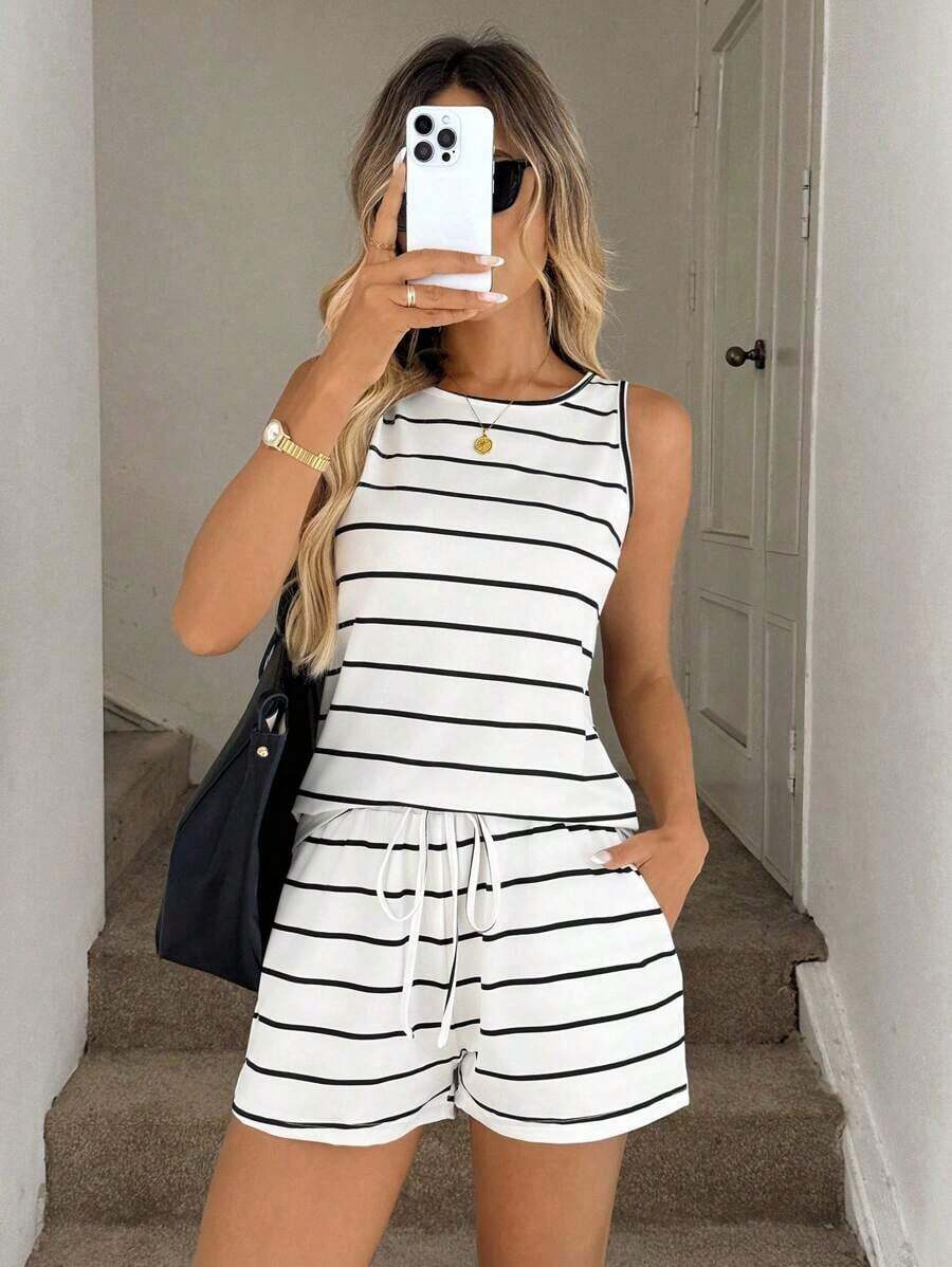 Conjunto de top y pantalones cortos a rayas deportivos y casuales de primavera/verano para mujer, moda y comodidad con elasticidad - Multicolor 2 - Ver 1