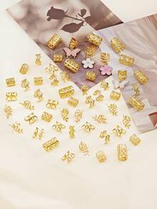 54pcs Floral Fantasy Hair Rings, Including White Heart, Pearl, Daisy, Pink Butterfly And Camellia, Multi-Shape Adjustable Braided Hair Accessories - Gold - View 5