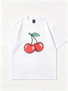 Vintage Loose-Fitting, Breathable Women's Cropped Top With A Solid Cherry Print, Heat Transfer Print, Y2K Style, Sexy Crop Top, Fitted Cut, Suitable For Casual Everyday Wear Or Party Looks, With A Youthful And Elegant Feminine Style, Short-Sleeved Printed Top, Versatile Basic Top For Everyday Wear. Fashion - 白色 - 查看 9