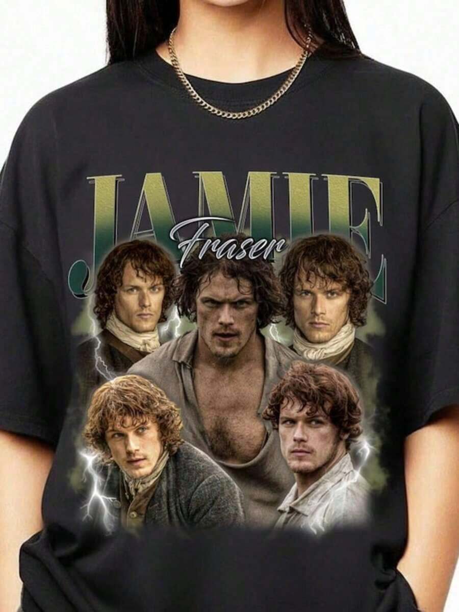 Jamie Fraser Vintage Short Sleeve T-Shirt, Outlander TV Series Gift For Women And Men, Unisex Retro T-Shirt For Fans, 100% Cotton. - 黑色 3 - 查看 1